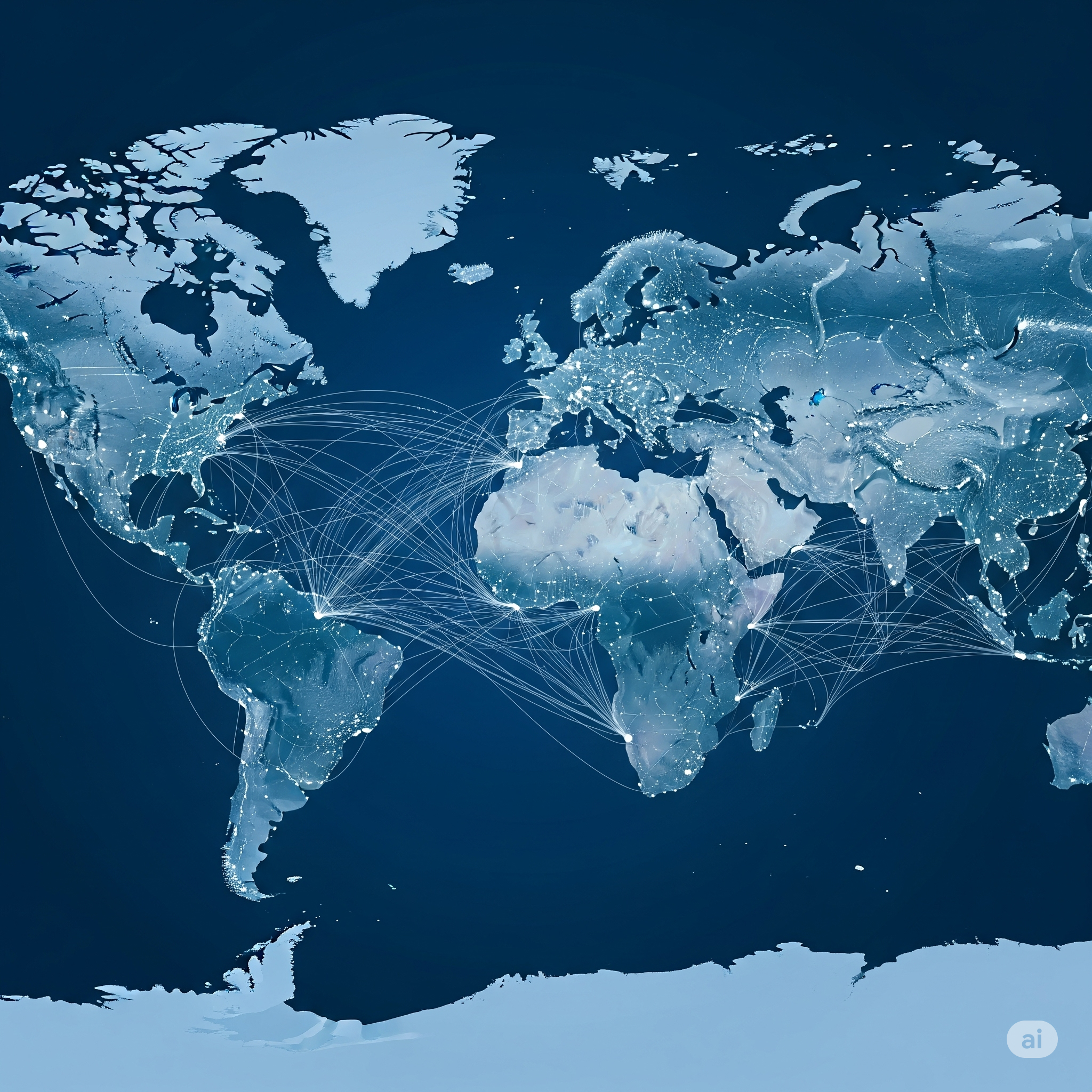 Global Communication map - all continents, in the blue colours - with the little satellite in the background